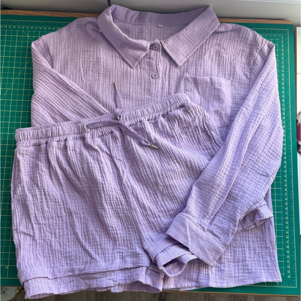 Lavender Button-Up Cotton Gauze Shirt and Shorts Set